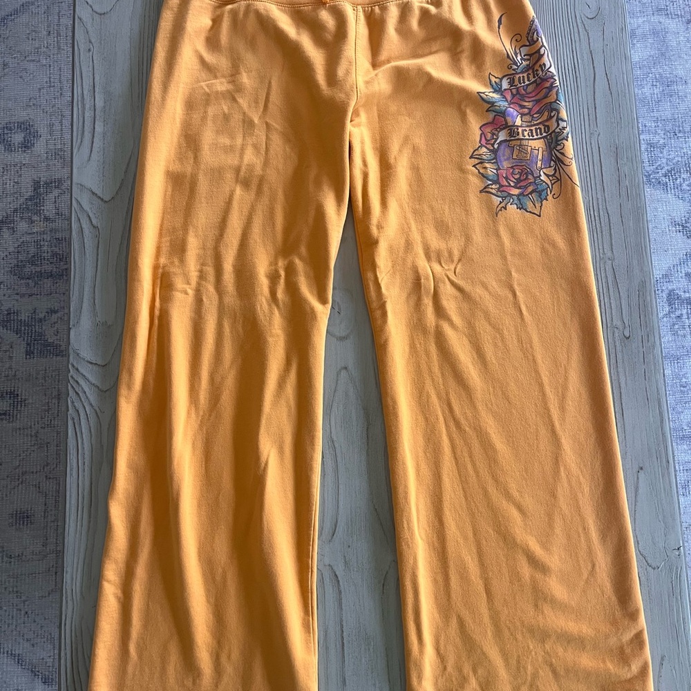 Vintage Y2K Lucky Brand yellow Orange Graphic Pants low rise wide leg size XL